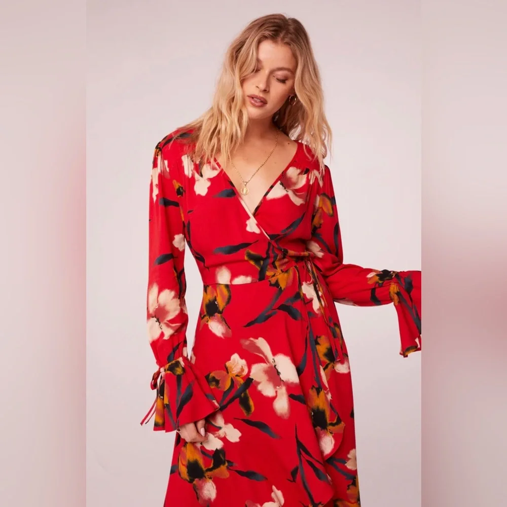 Band of the Free POLLY RED FLORAL WRAP MAXI DRESS NWT - Picture 5 of 12